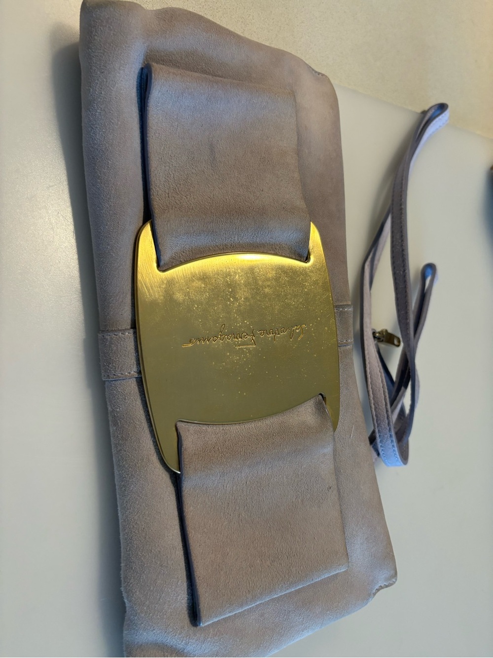 Vintage Salvatore Ferragamo Lavender Suede Clutch with Gold Bow Hardware